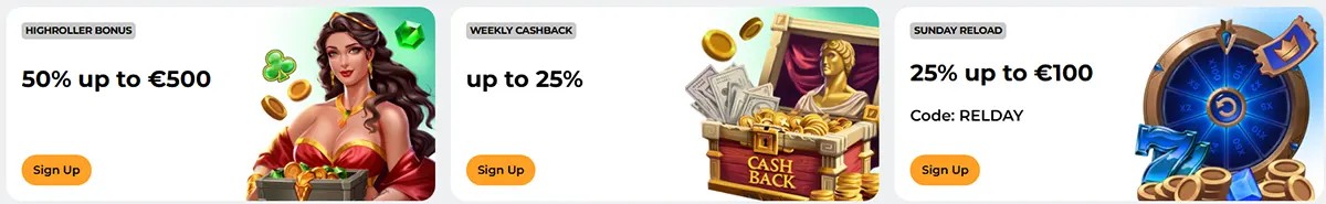 Three casino promo cards showing a highroller bonus (50% up to €500), weekly cashback (up to 25%), and a Sunday reload (25% up to €100, code: RELDAY), each with a “Sign Up” button.