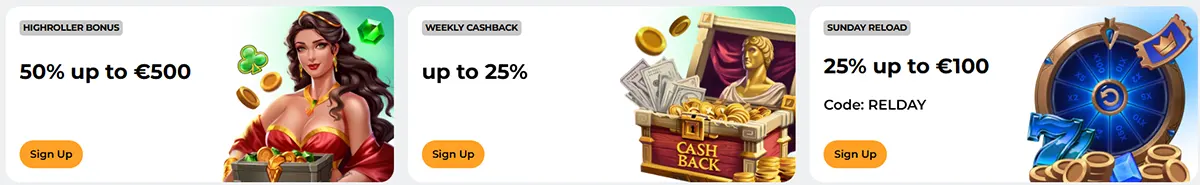 Three casino promo cards showing a highroller bonus (50% up to €500), weekly cashback (up to 25%), and a Sunday reload (25% up to €100, code: RELDAY), each with a “Sign Up” button.