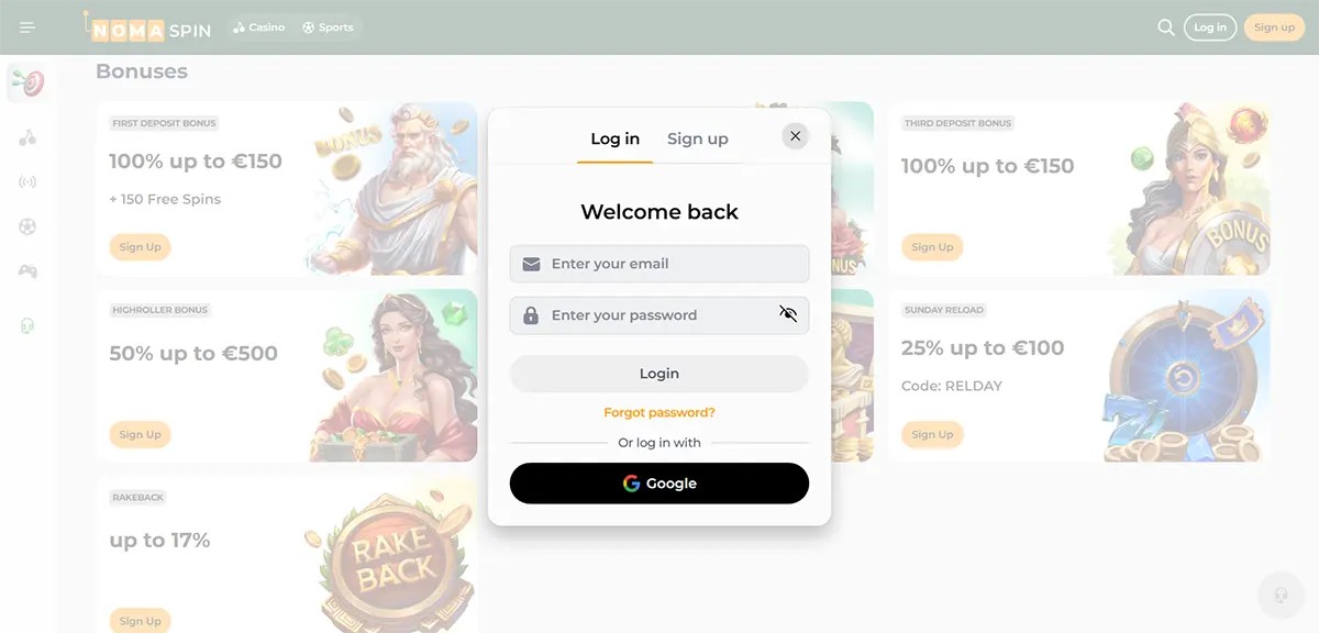 NomaSpin casino bonuses page with a “Welcome back” login pop-up, showing email and password fields, a Login button, “Forgot password?” link, and a Google sign-in option.