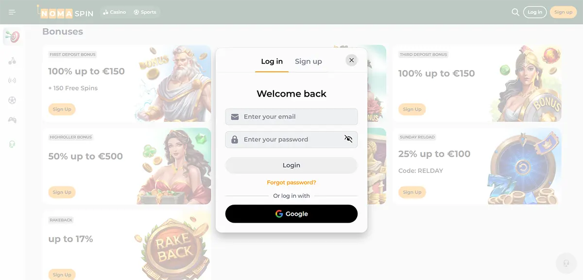 NomaSpin casino bonuses page with a “Welcome back” login pop-up, showing email and password fields, a Login button, “Forgot password?” link, and a Google sign-in option.